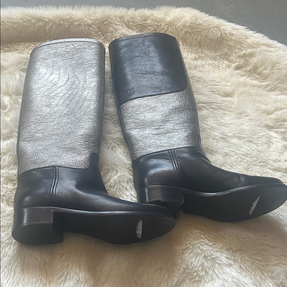 CHANEL Two-Tone Riding Boots in Gray and Black Retail $1,595